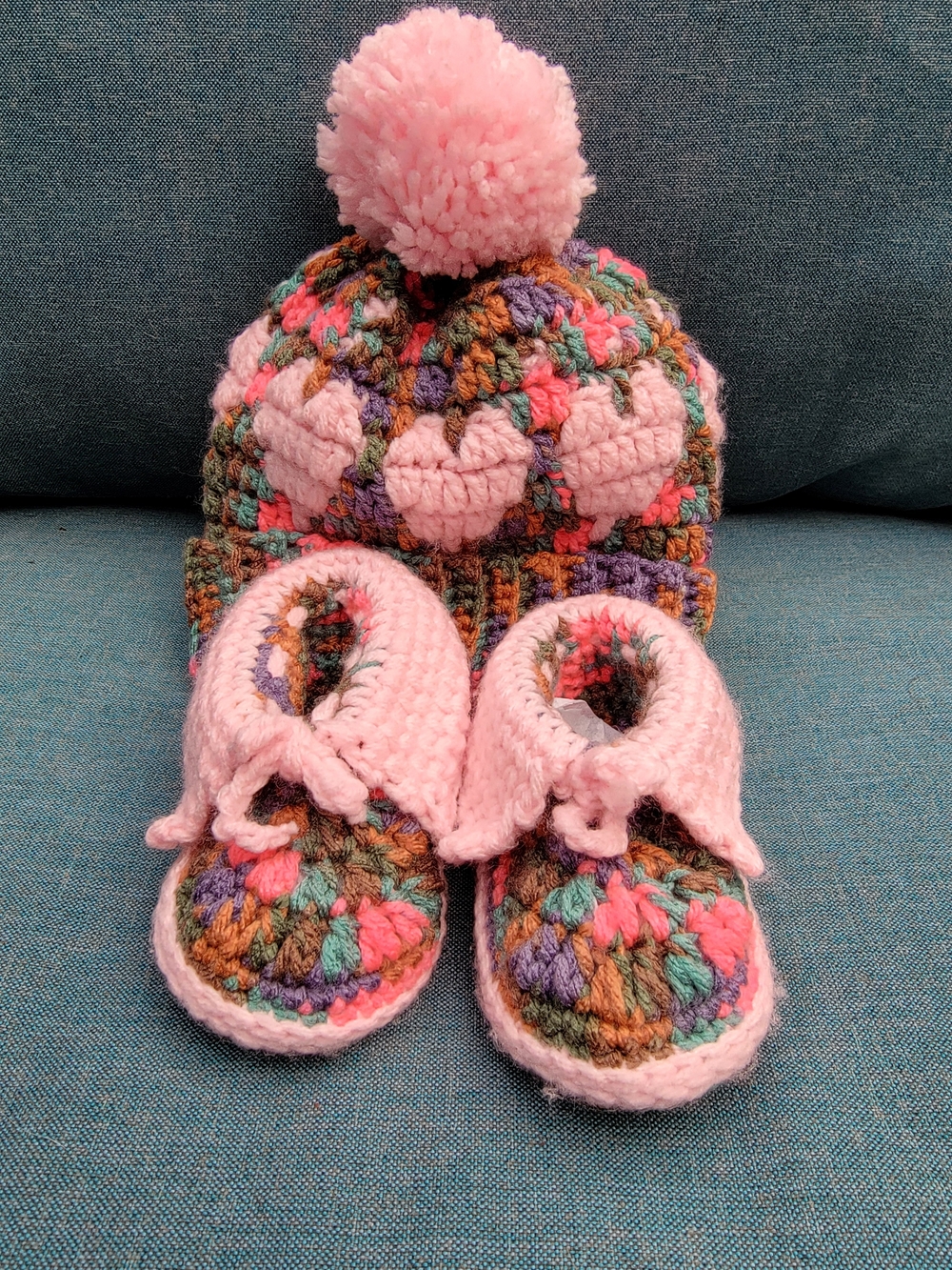 Handmade Pink Multicolor Baby Booties and Beanie Set